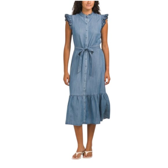 NANETTE LEPORE Embroidered Sleeve Denim Midi Dress
